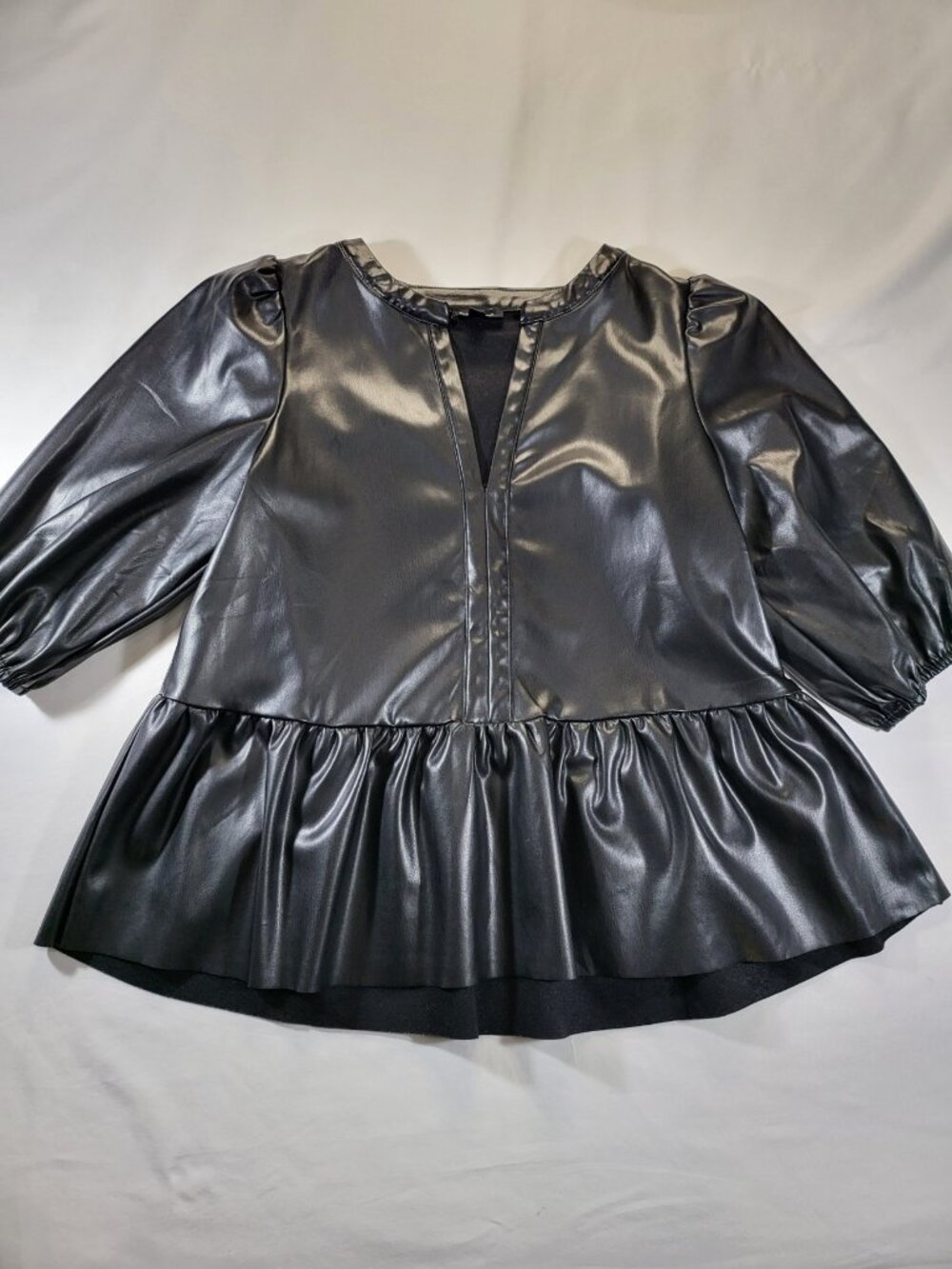 Mittoshop Black Faux Leather Puff Sleeve Peplum Blouse - Women's Size Small